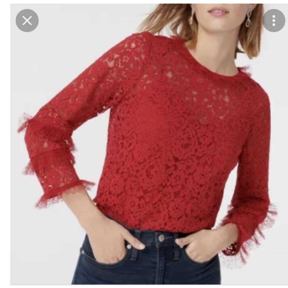 J. Crew Women Pink Lined Lace Blouse With Tulle Ruffle Detail Size M